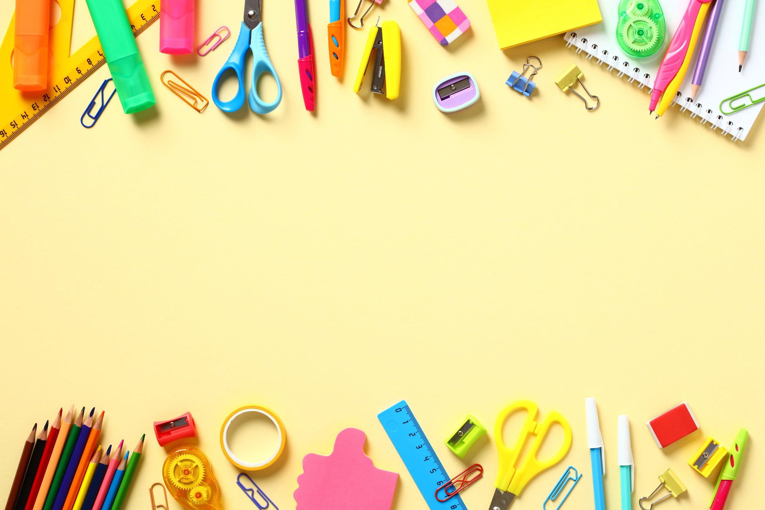 Back to School Concept. Double Border Frame Made of Colorful School Supplies on Yellow Background. Flat Lay, Top View, Copy Space.