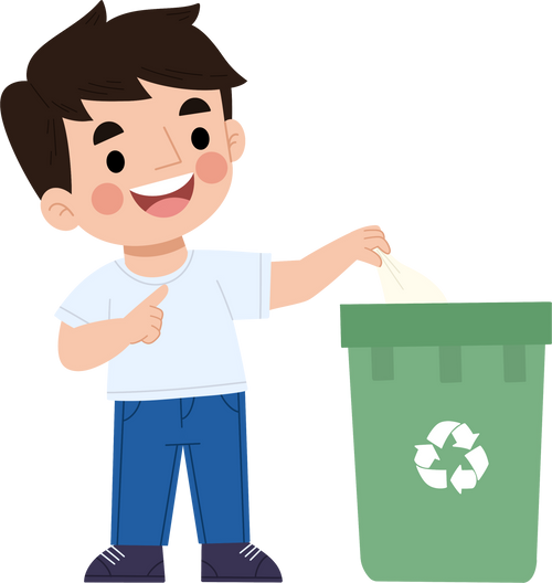 Illustration of a boy throwing trash into the dustbin